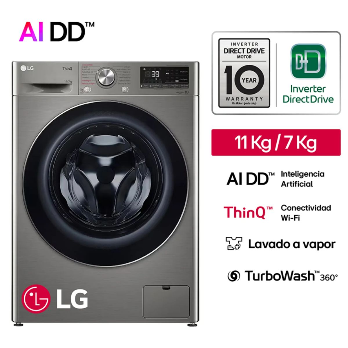 LG - Lavaseca 11kg Lavado Y 7kg Secado Ai Dd Thinq Wd11pvc3s6 Color Plateado
