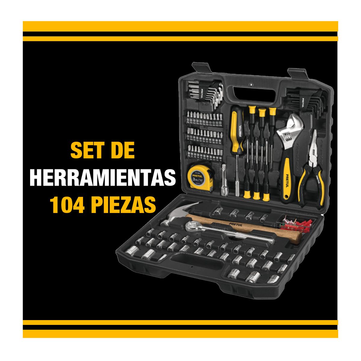 PRETUL - Juego 104 Herramientas Mixtas Profesional Maletín Completo