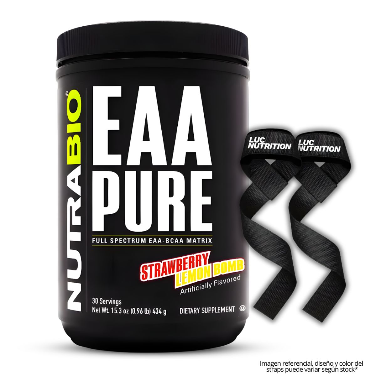 NUTRABIO - EAA PURE Nutrabio Aminoácidos 30 servicios - Strawberry Lemon Bomb + Straps