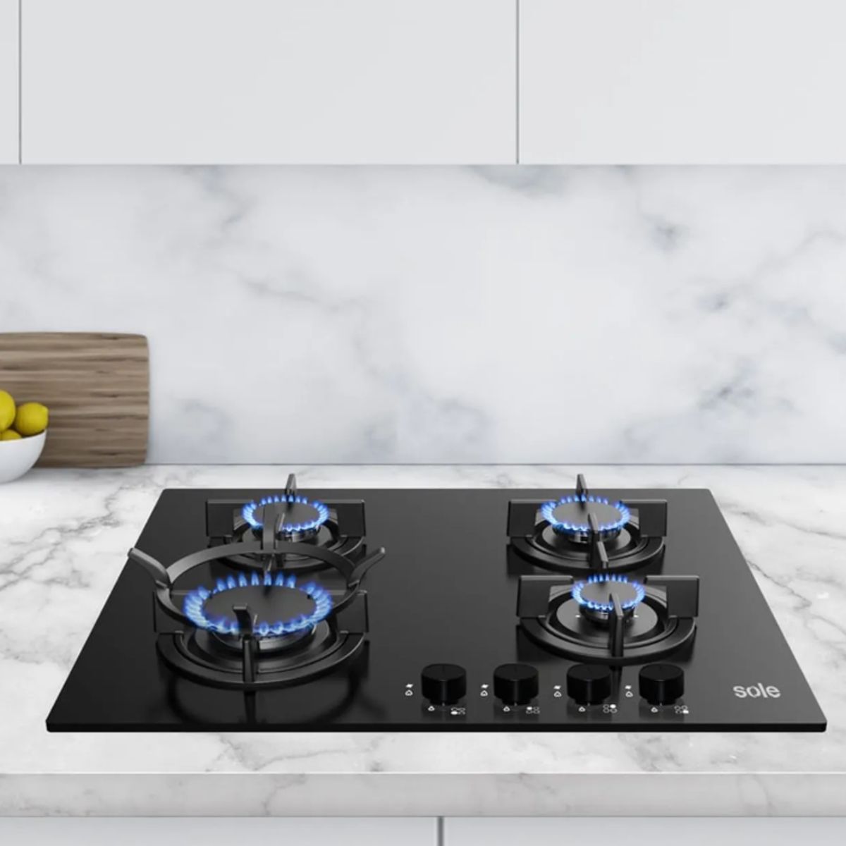 SOLE - Cocina Empotrable a Gas Sole SOLCO049 con 4 Hornillas de Vidrio Templado, 60 cm, Negro
