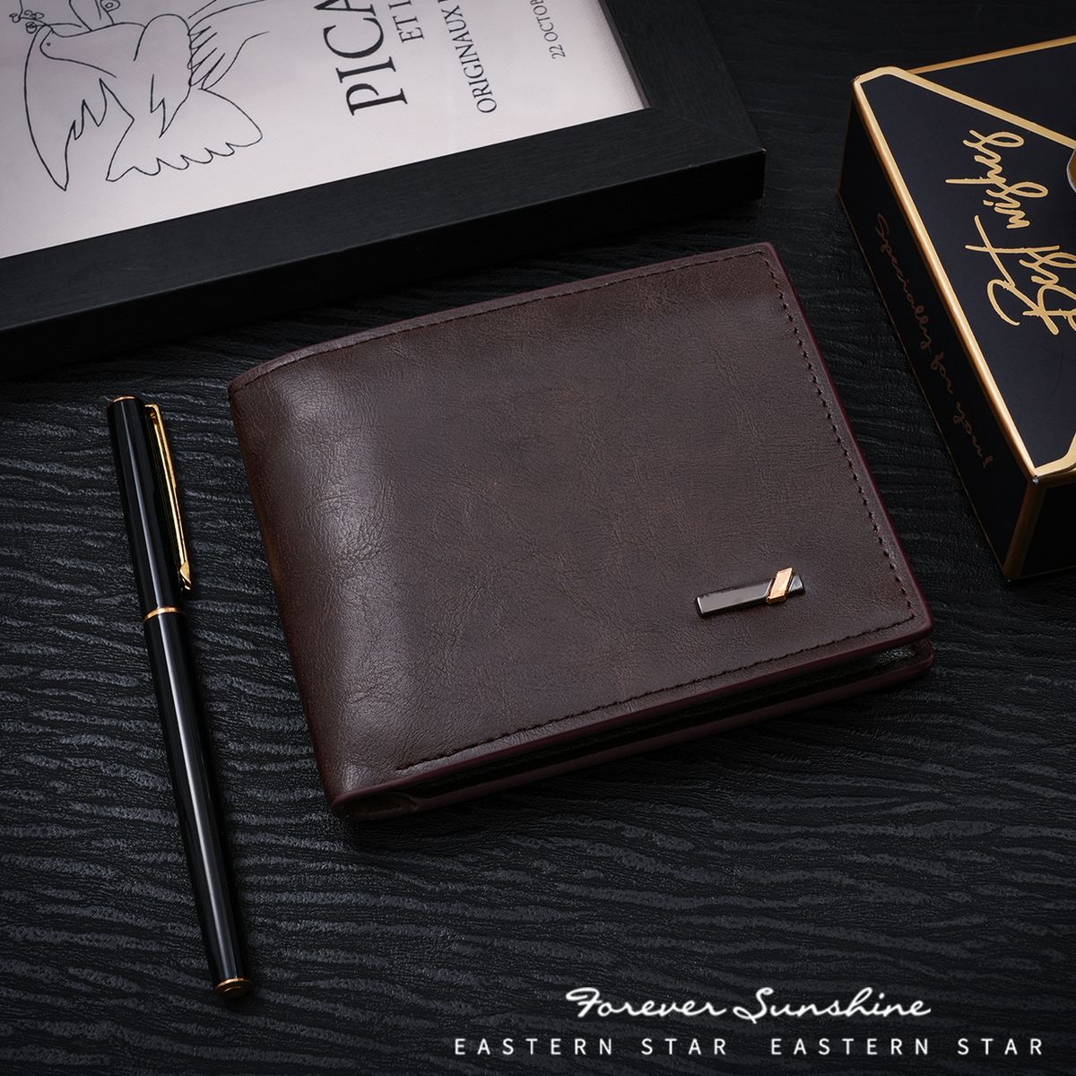 GENERICO - Billetera Para Hombre Cuero PU - Tarjetero Elegante Con Compartimientos Para Billetes Monedas-Marrón