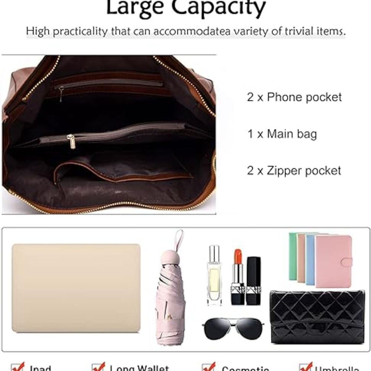 GENERICO - Bolso De Cuero PU Para Dama  Cartera Elegante Estilo Con Correa Ajustable Múltiples Compartimientos