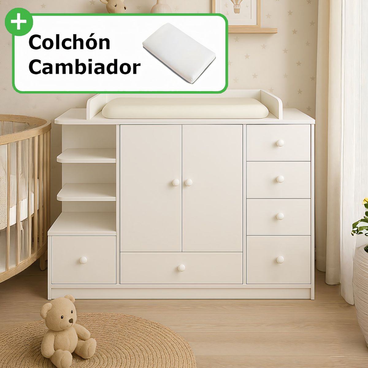 GENERICO - Cómoda Cambiador Para Bebé Beluna 6 Cajones Blanco 120 cm Huk + Colchón Huk