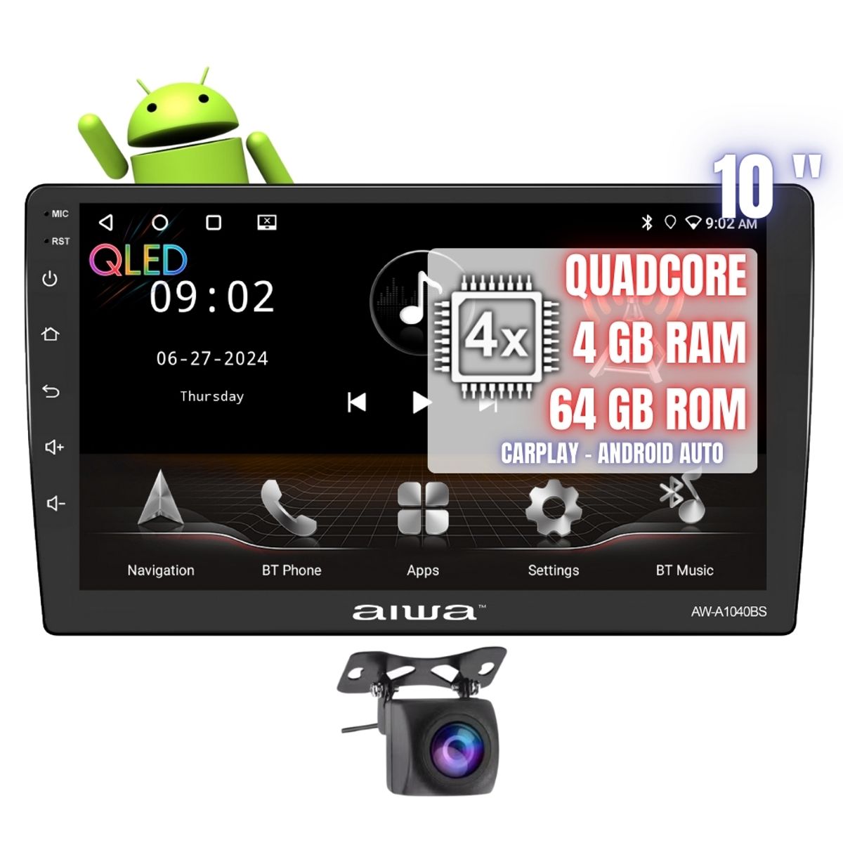 AIWA - Autoradio Android Aiwa Quadcore 4 GB + 64 GB 10'' Con AndroidAuto Carplay 2 Din QLED AW-A1040BS