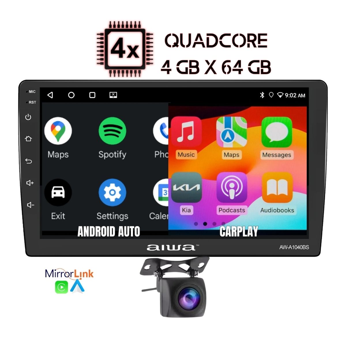 AIWA - Autoradio Android Aiwa Quadcore 4 GB + 64 GB 10'' Con AndroidAuto Carplay 2 Din QLED AW-A1040BS