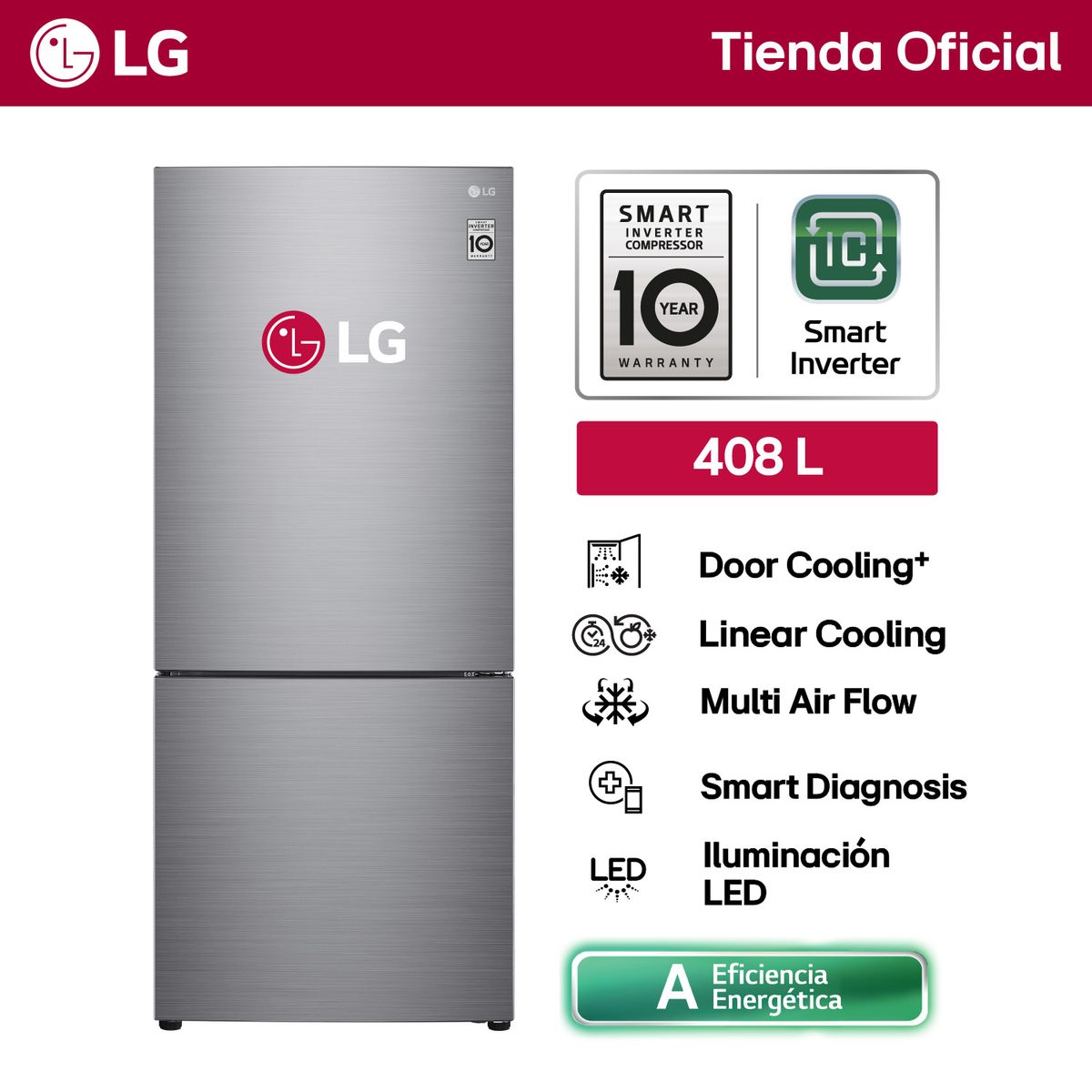 Refrigeradora LG Bottom Freezer Gb41bpp No Frost 408l Plata Color Plateado, marca LG - Foto Principal