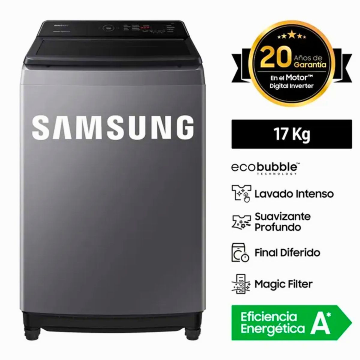SAMSUNG - Lavadora Samsung 17 KG EcoBubble  Inverter WA17CG6441BD/PE GRIS