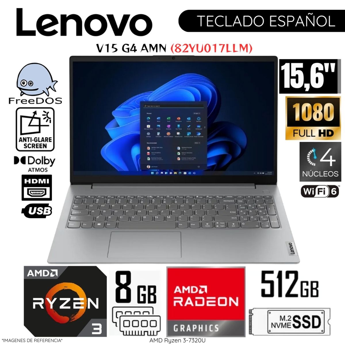 LENOVO - Laptop Lenovo V15 G4 AMN AMD Ryzen 3 7320U 8GB RAM 512GB SSD 15.6"  FHD 82YU017LLM - Arctic Grey