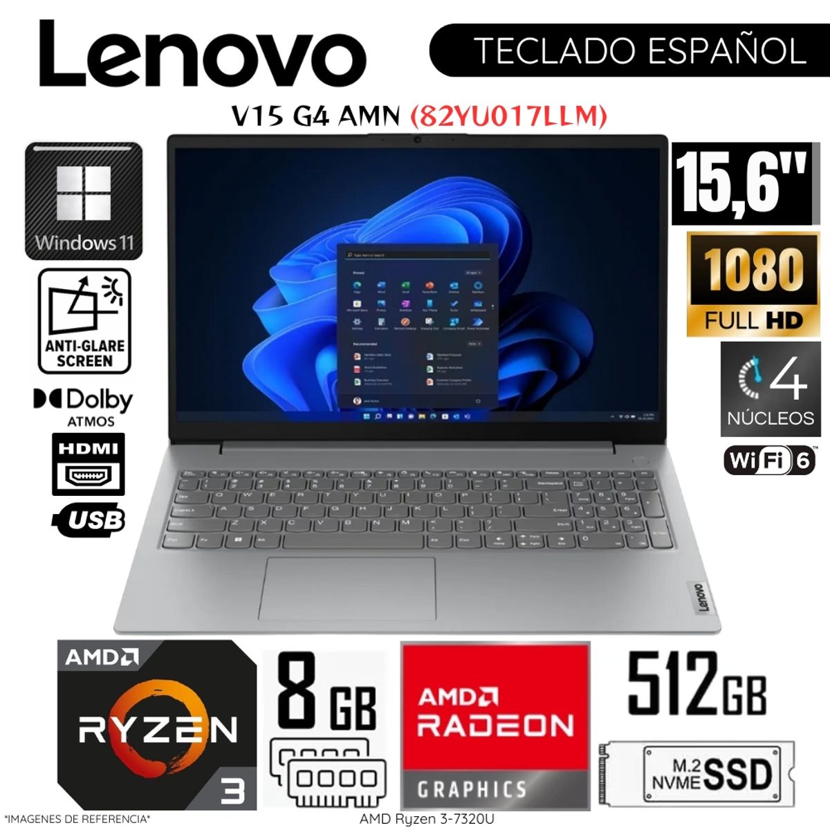 LENOVO - Laptop Lenovo V15 G4 AMN AMD Ryzen 3 7320U 8GB RAM 512GB SSD 15.6"  FHD 82YU017LLM - Arctic Grey