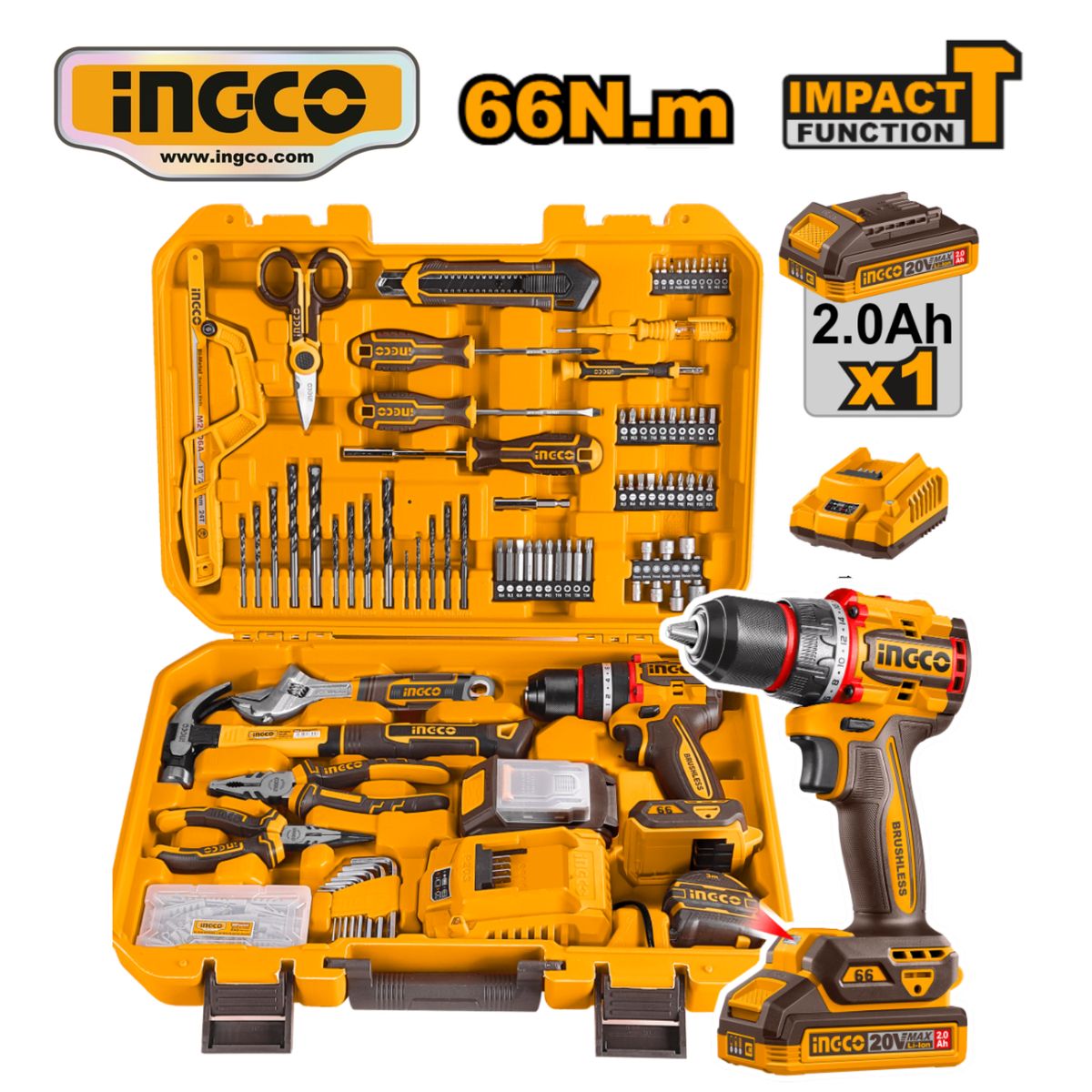 INGCO TOOLS - HKTHP11651 TALADRO PERCUTOR 66Nm + 164 ACCESORIOS