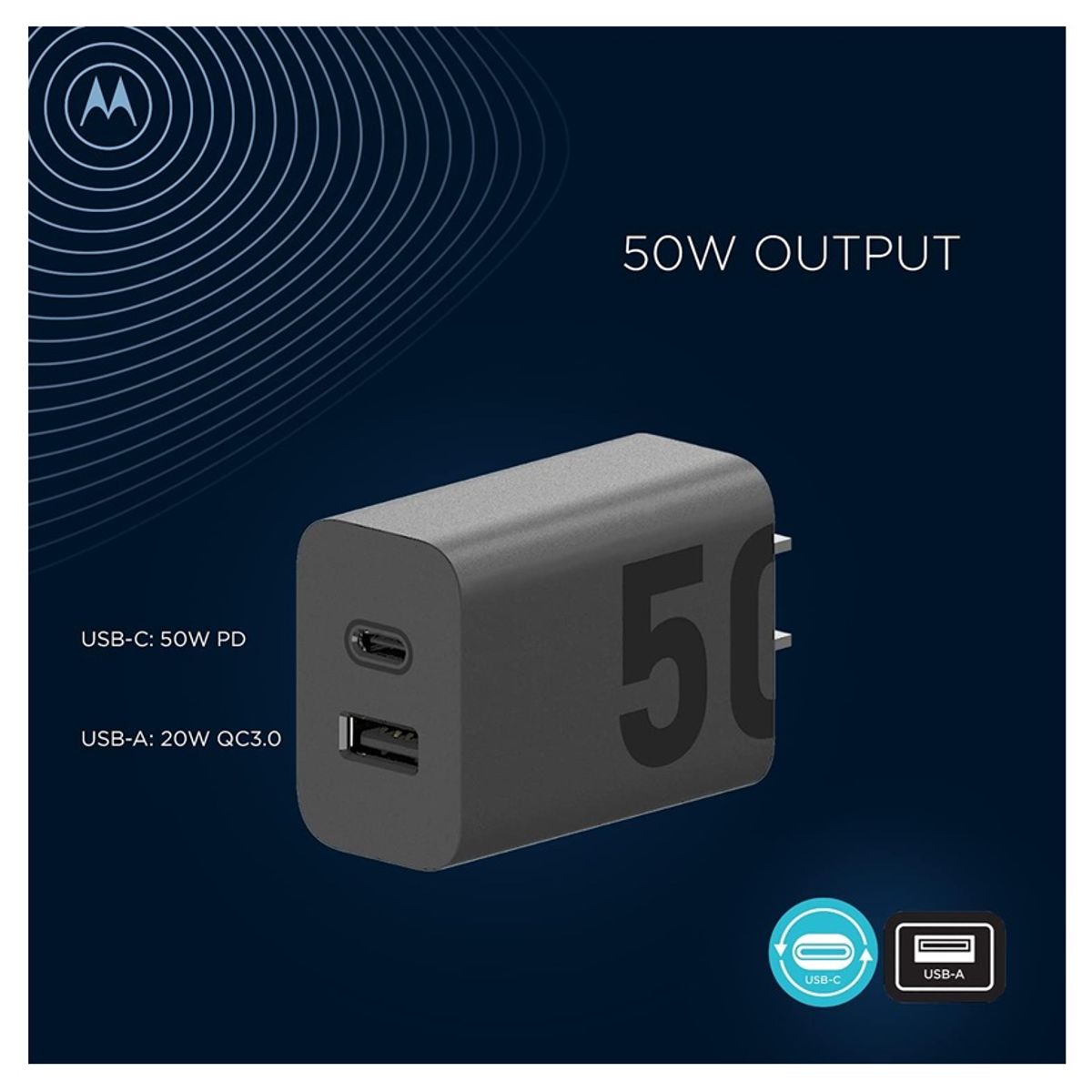 MOTOROLA - MOTOROLA ORIGINAL CARGADOR  50W DUO TURBO POWER QUALCOM Q.C 3.0 ANDROID IOS INC CABLE C