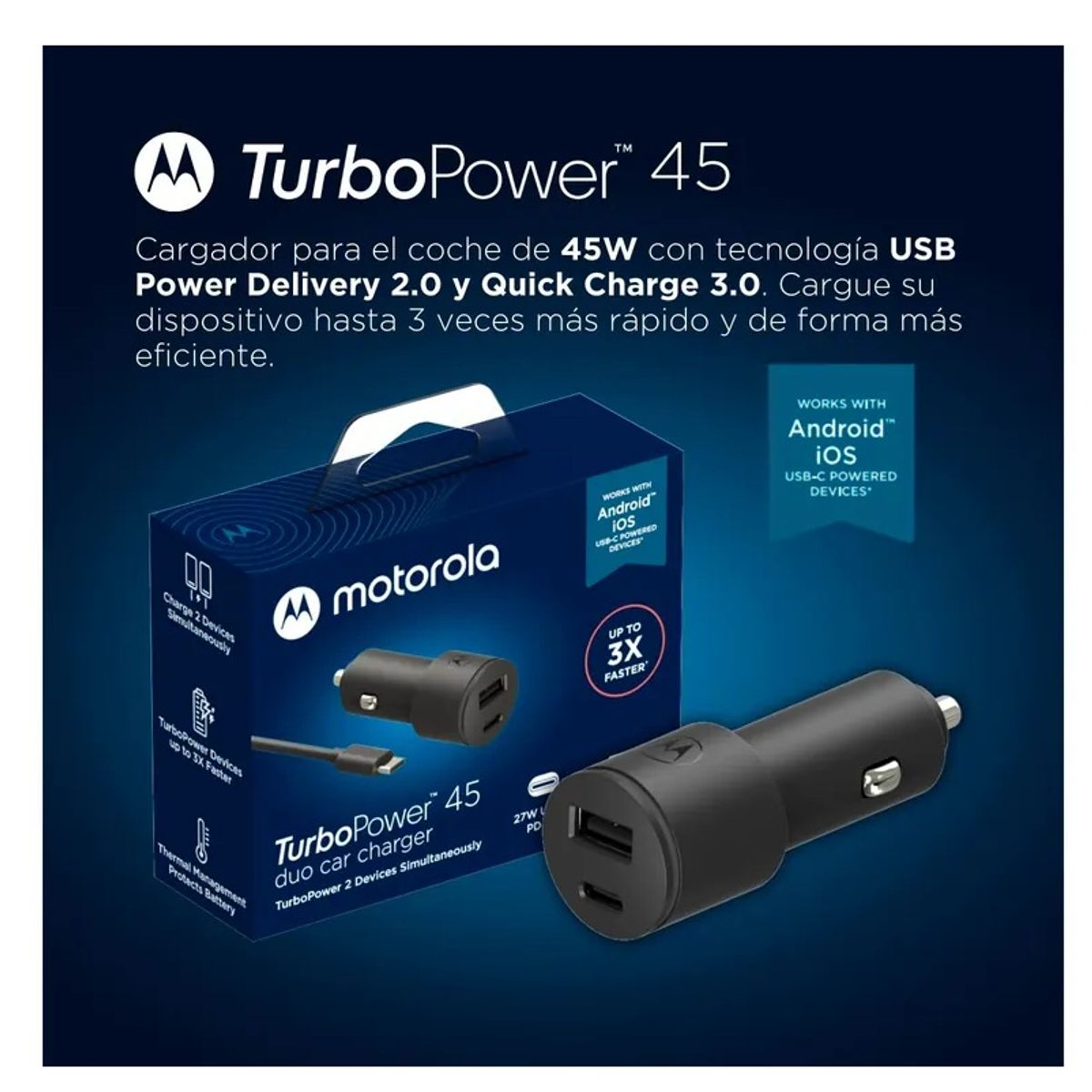 MOTOROLA - Cargador Auto Motorola TurboPower 45W Dual USB C PD QC3.0 Carga Rápida