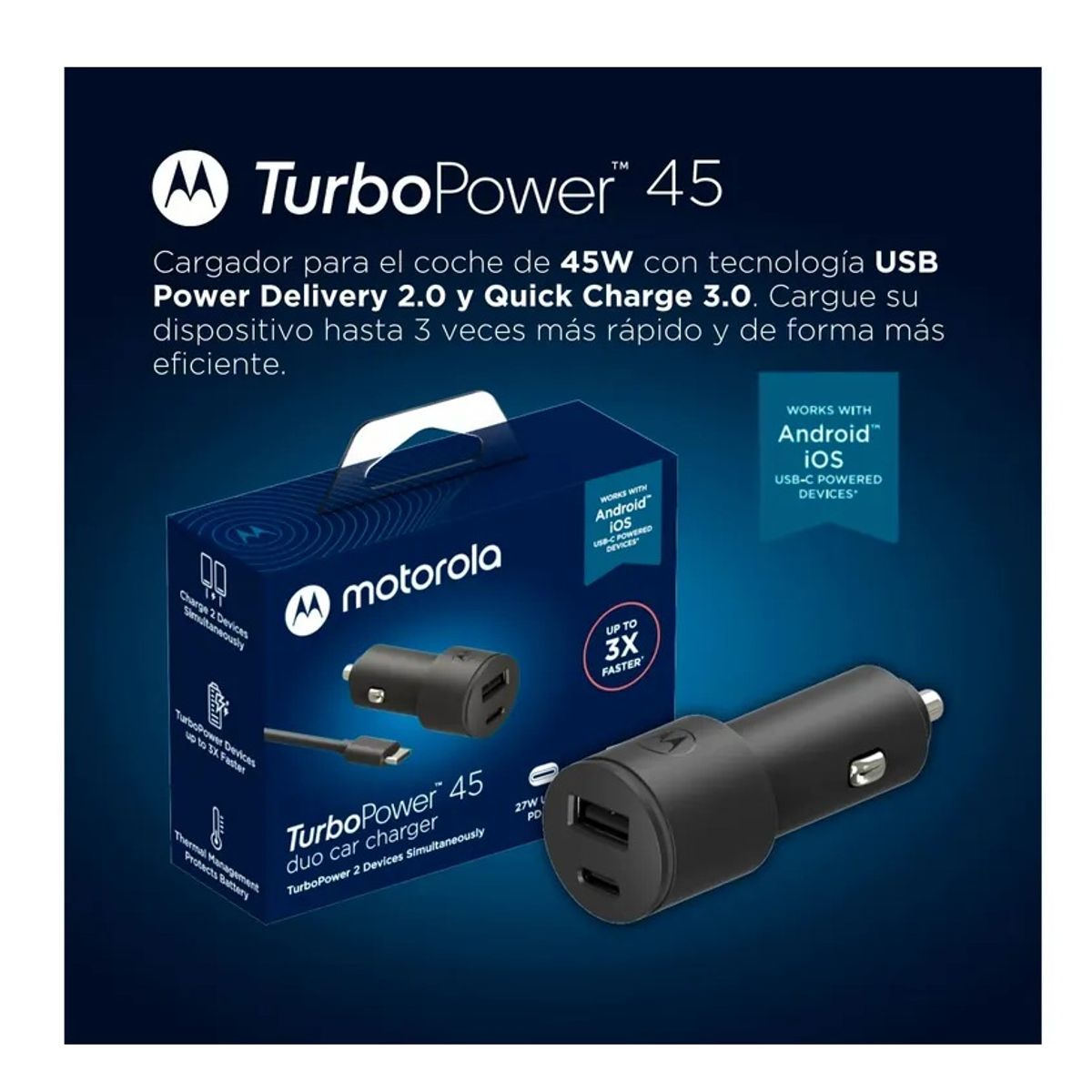 MOTOROLA - Cargador Auto Motorola TurboPower 45W Dual USB C PD QC3.0 Carga Rápida