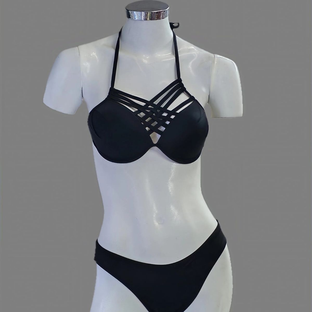 GENERICO - BIKINI Ropa de Baño Bañador Dos Piezas NEGRO  detalle tiras cruzadas Cuello Talla M  Dealcoba