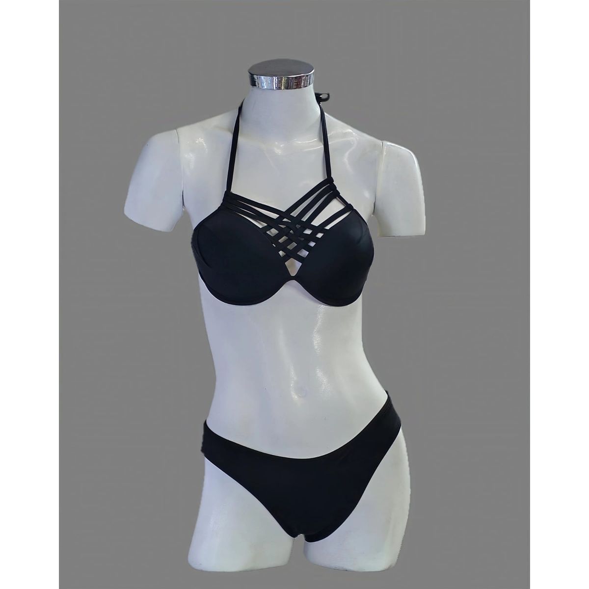 GENERICO - BIKINI Ropa de Baño Bañador Dos Piezas NEGRO  detalle tiras cruzadas Cuello Talla M  Dealcoba