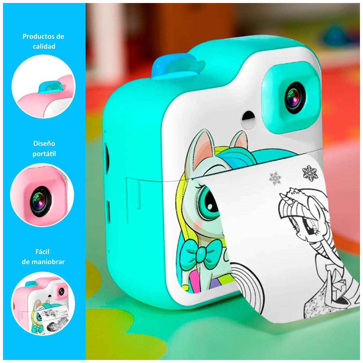 GENERICO - Cámara Digital Infantil Diseño Unicornio celeste con 3 rollos