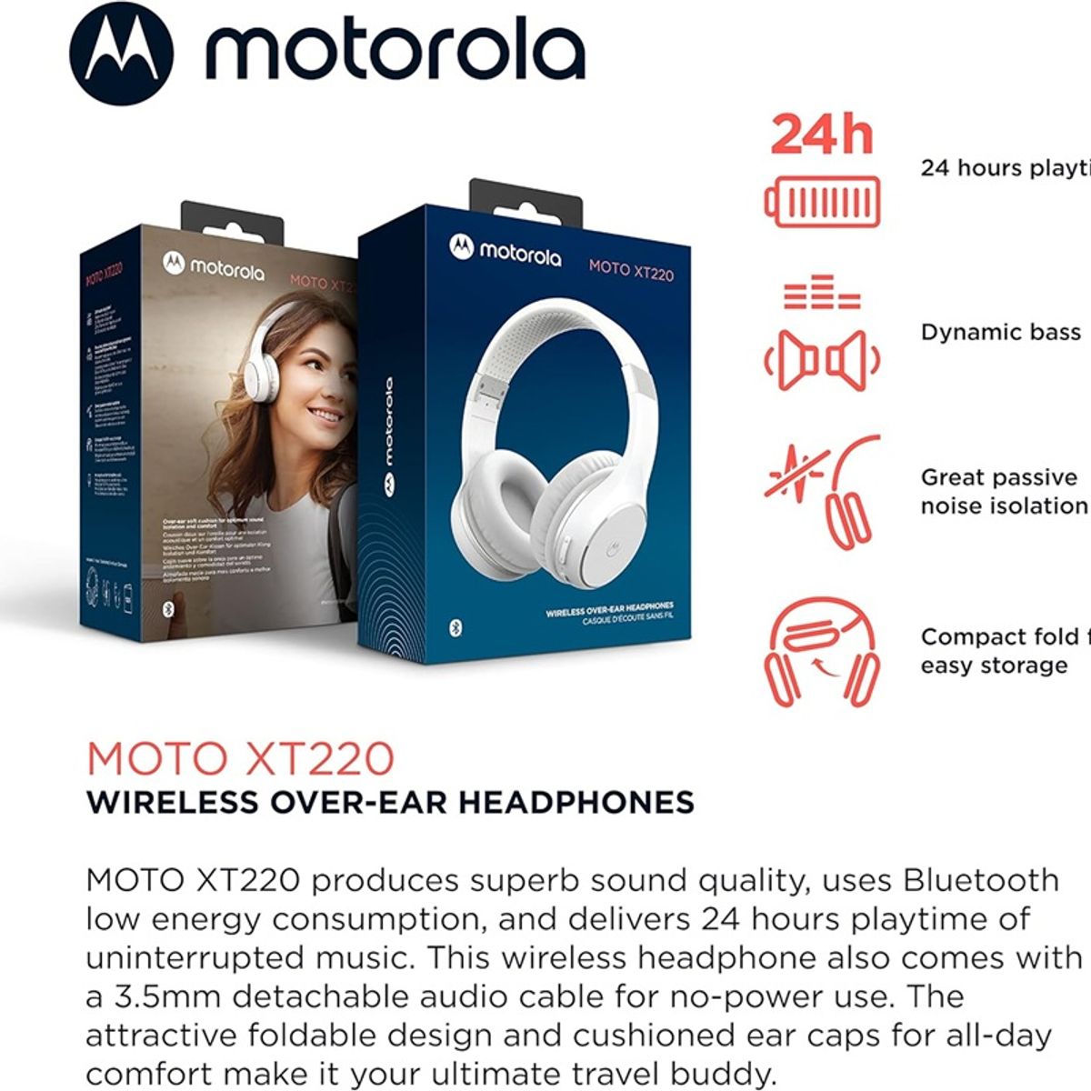 MOTOROLA - Motorola Sound Moto XT220 Auriculares inalámbricos Bluetooth con micrófono PNC POWER BASS WHITE