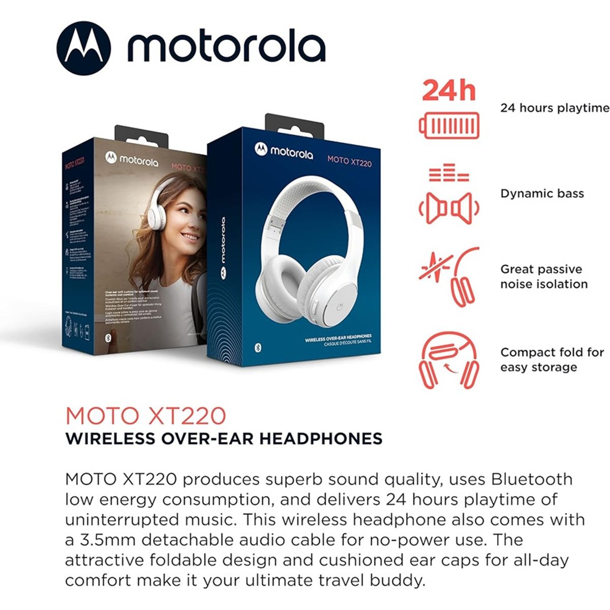 MOTOROLA - Motorola Sound Moto XT220 Auriculares inalámbricos Bluetooth con micrófono PNC POWER BASS WHITE