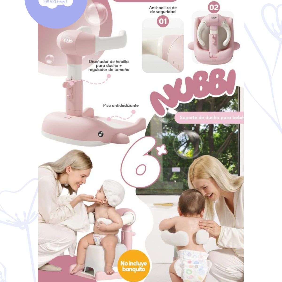 BABY - Soporte de Ducha para Bebé Ajustable DELFIN ROSA