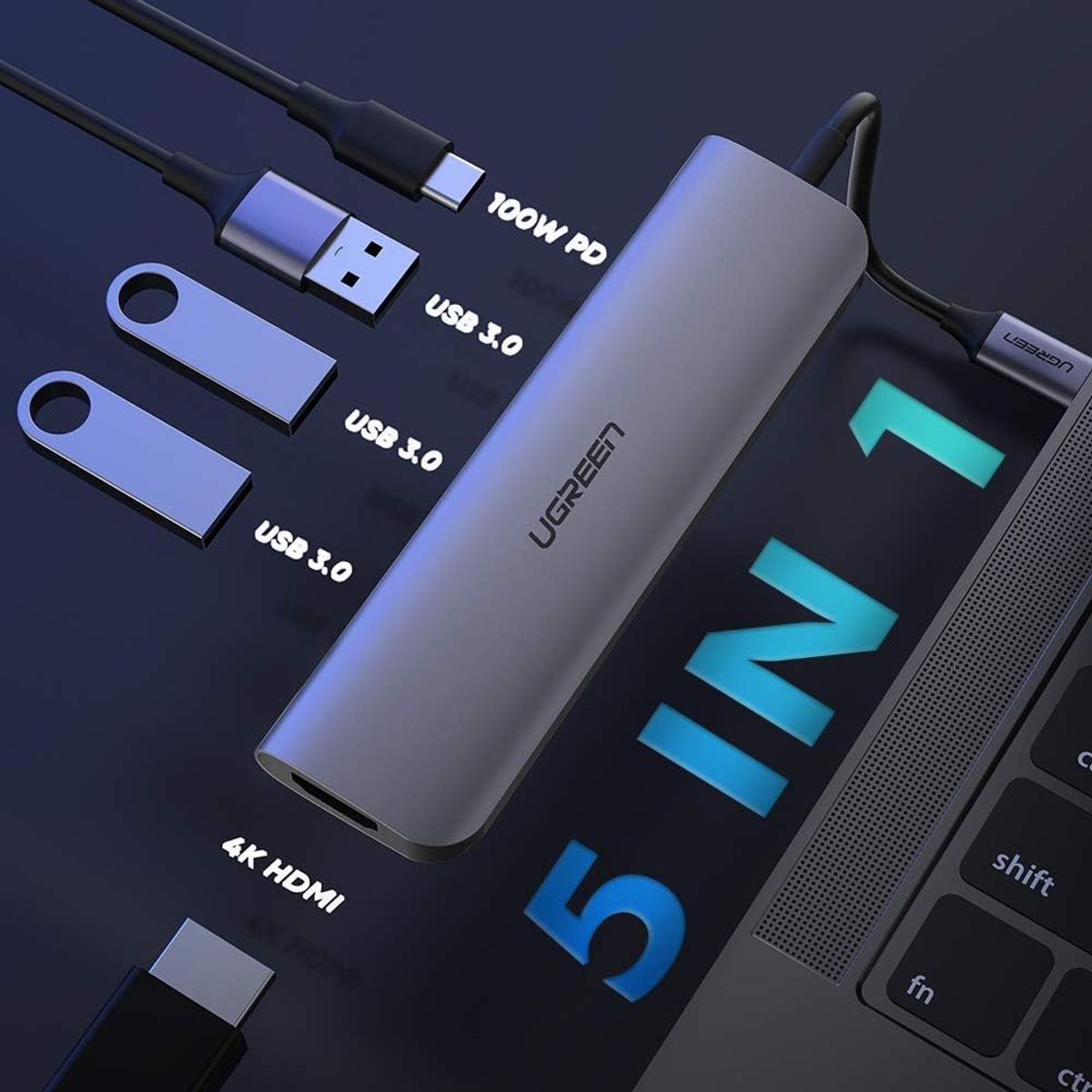 UGREEN - Ugreen Hub USB-C 5 en 1 (Modelo 50209) – HDMI 4K, 3 Puertos USB 3.0, Carga PD