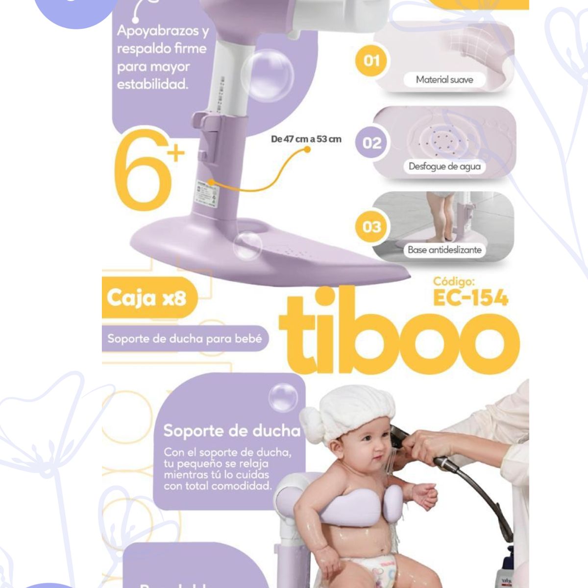 BABY - Soporte de Ducha para Bebé Ajustable TIBOO LILA