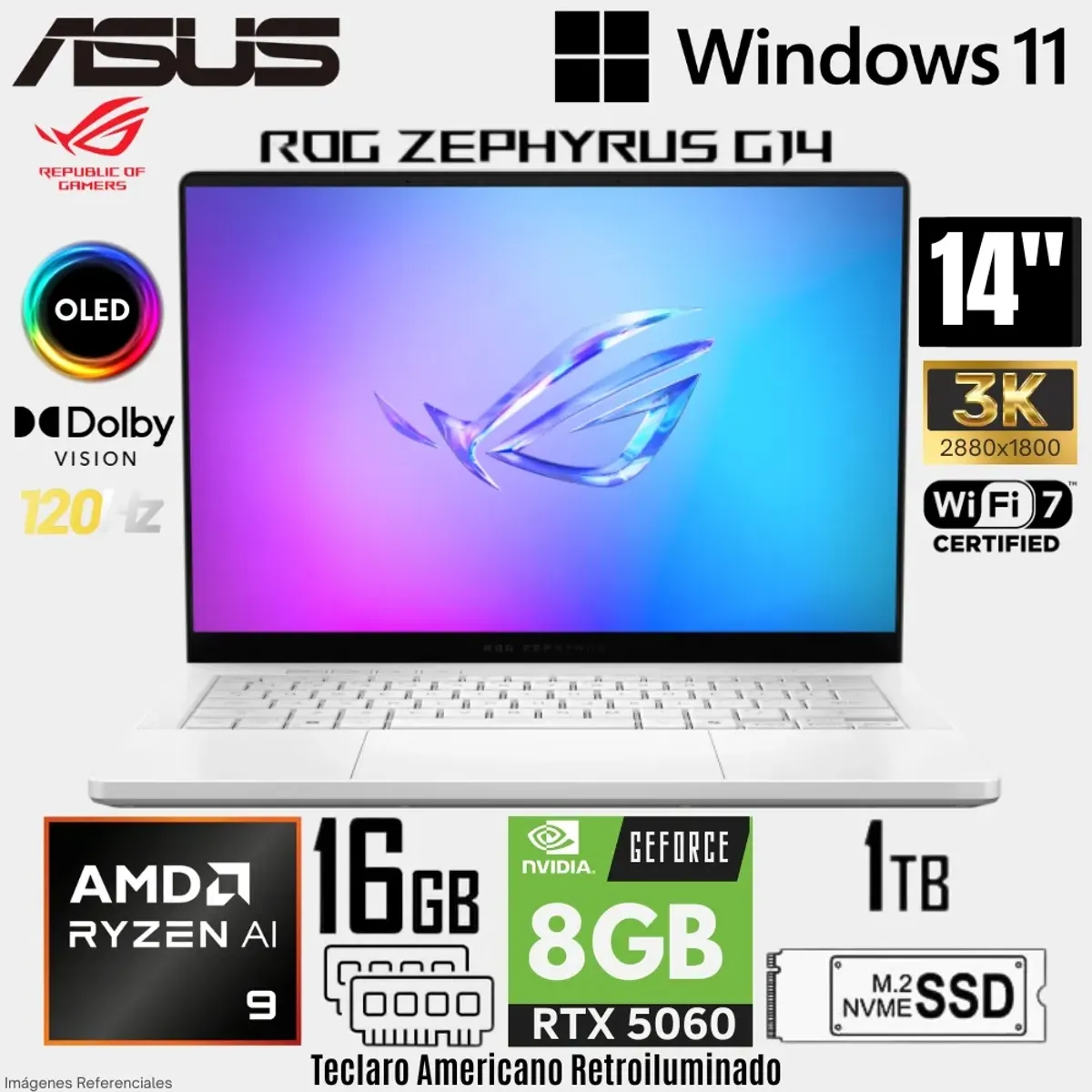 ASUS - Laptop ASUS ROG ZEPHYRUS G14 AMD Ryzen 9 270 16GB RAM 1TB SSD RTX 5060-8GB 14"  3K OLED  Win 11