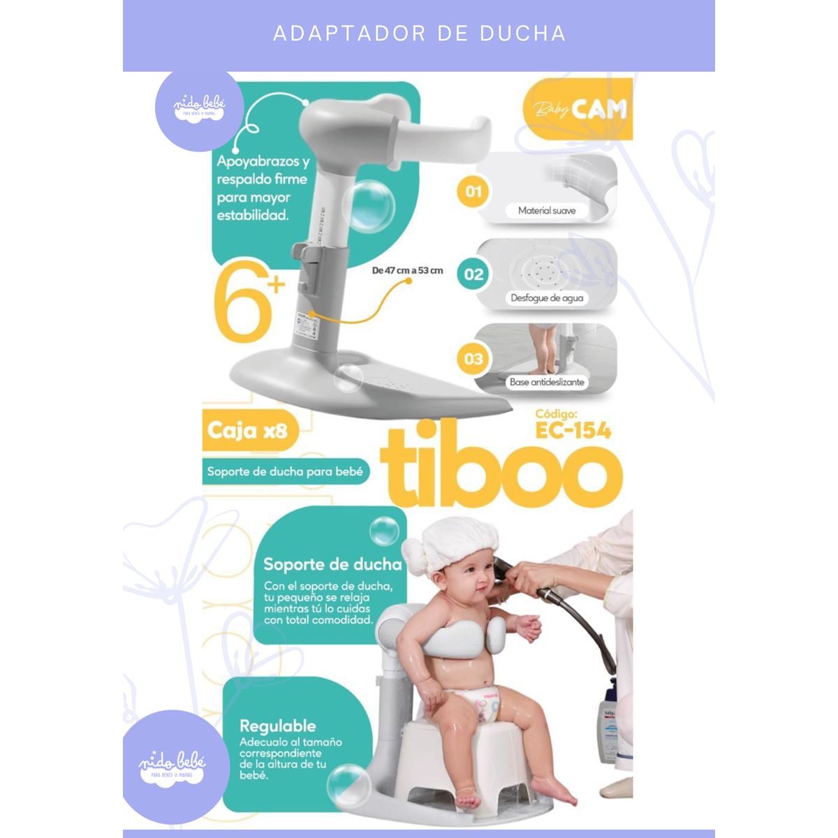 Baby - Soporte de Ducha para Bebé Ajustable TIBOO PLOMO