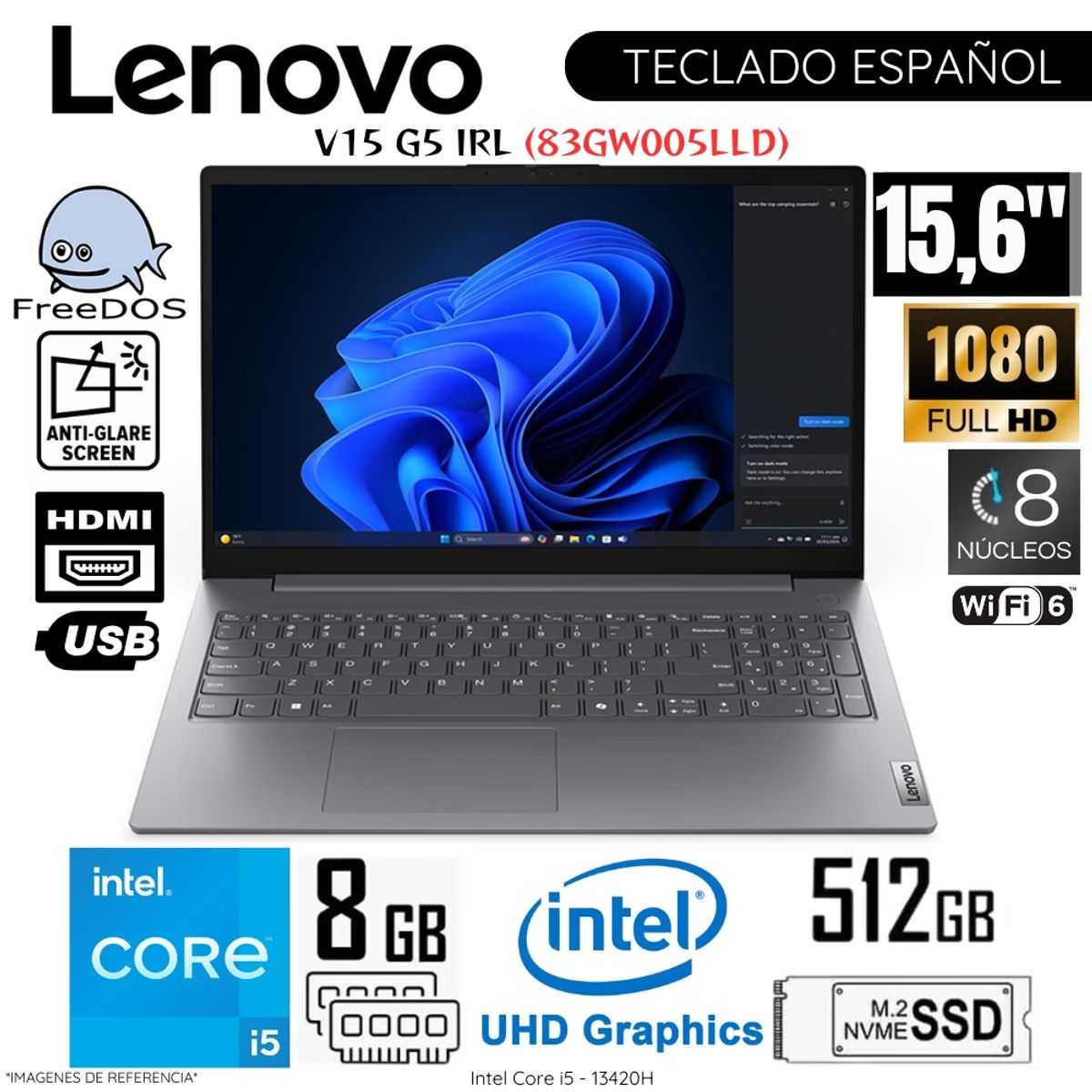 LENOVO - Laptop Lenovo V15 G5 IRL Intel Core i5-13420H 8GB RAM 512GB SSD 15.6"  FHD FreeDos - 83GW005LLD