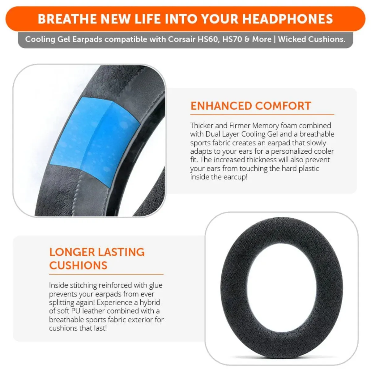GENERICO - Almohadillas para Audífonos Corsair Hs70 Hs60 Hs50 Pro Gel Refrigerante Negro