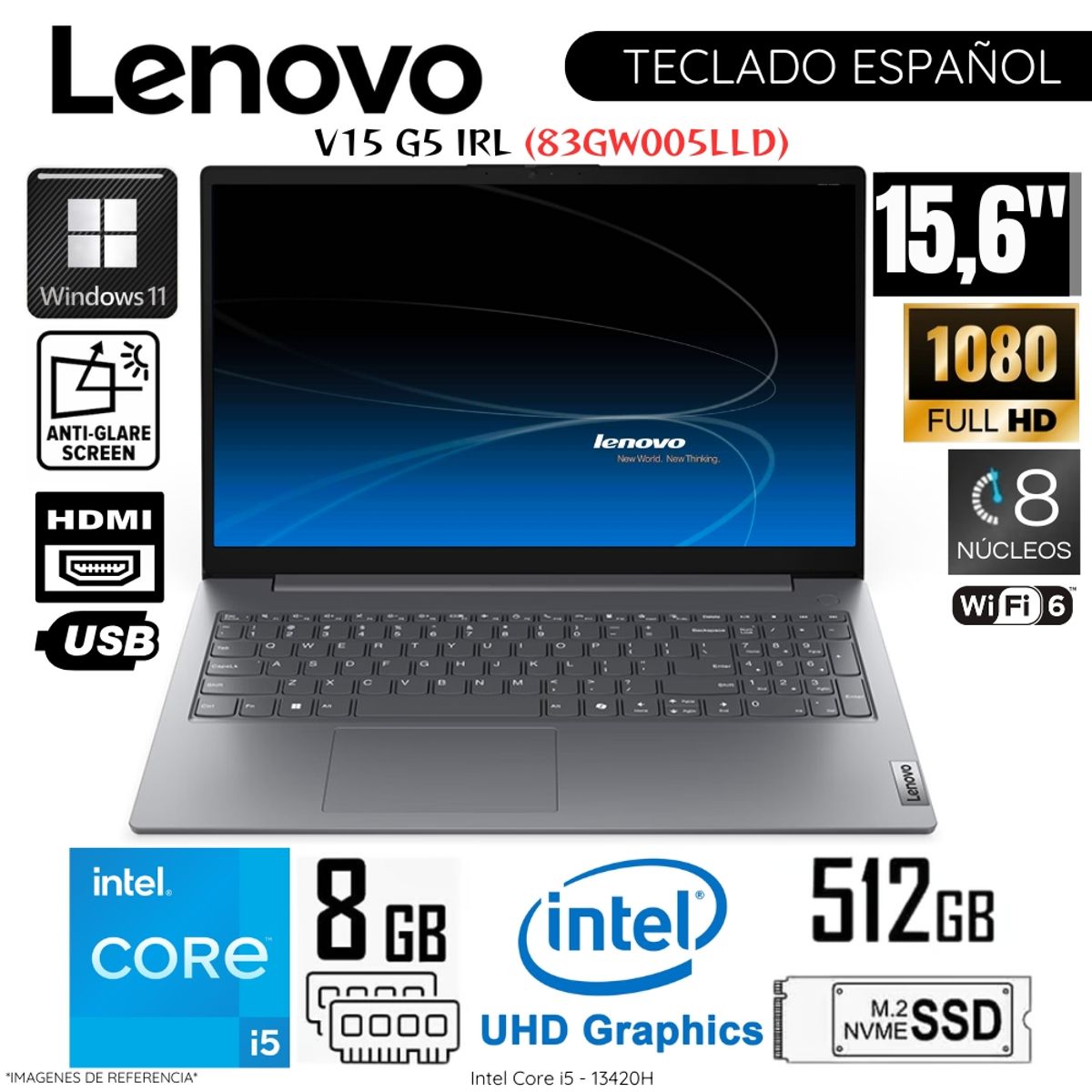 LENOVO - Laptop Lenovo V15 G5 IRL Intel Core i5-13420H 8GB RAM 512GB SSD 15.6"  FHD Win11- 83GW005LLD