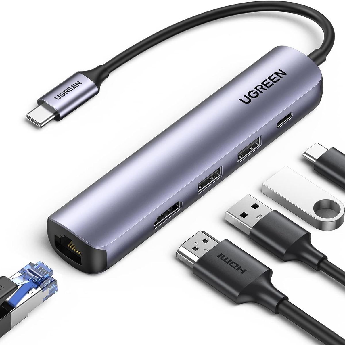 UGREEN - Ugreen Hub USB-C 5 en 1 (Modelo 10919 / CM418) – HDMI 4K, 2× USB-A 3.0, Ethernet Gigabit RJ45, PD