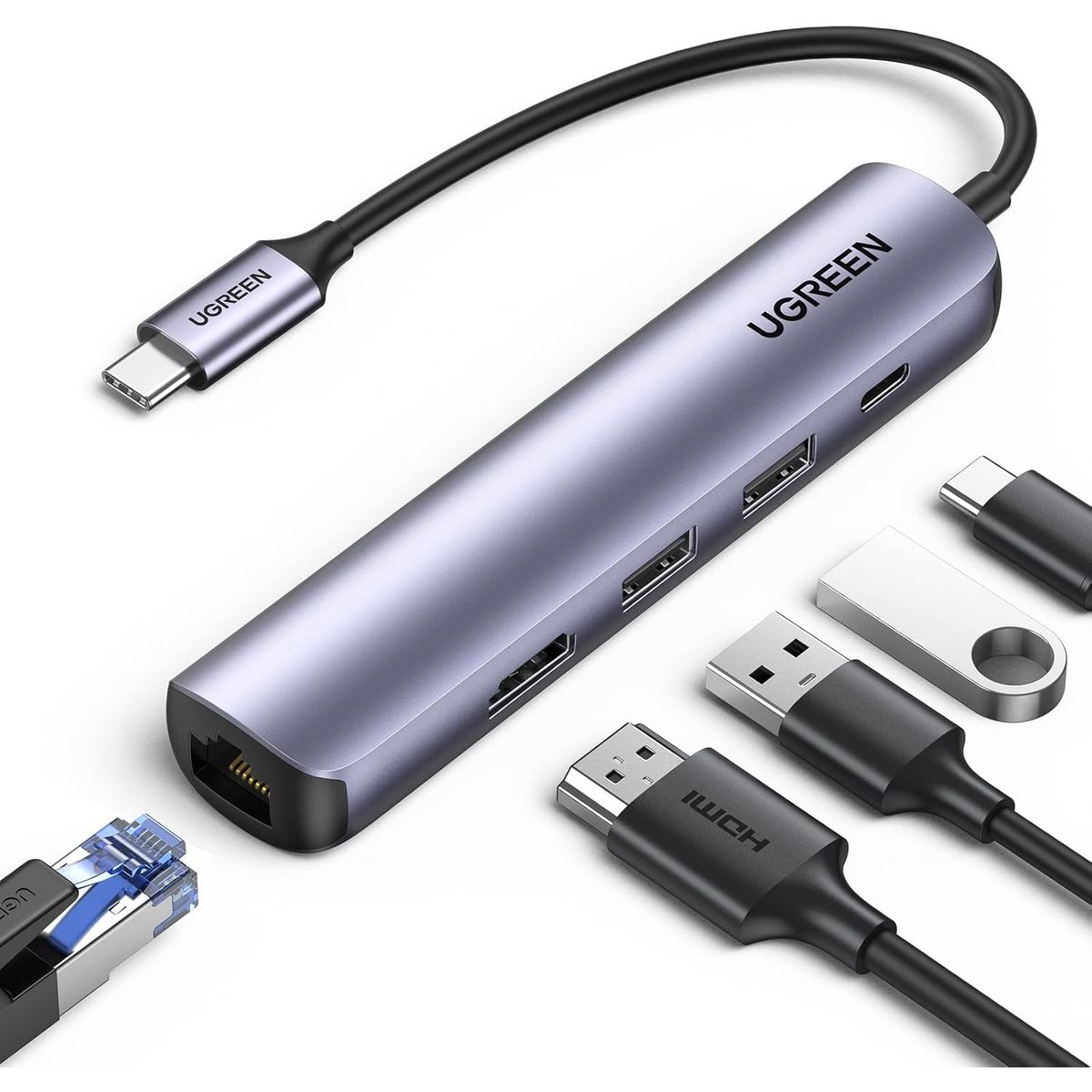 UGREEN - Ugreen Hub USB-C 5 en 1 (Modelo 10919 / CM418) – HDMI 4K, 2× USB-A 3.0, Ethernet Gigabit RJ45, PD