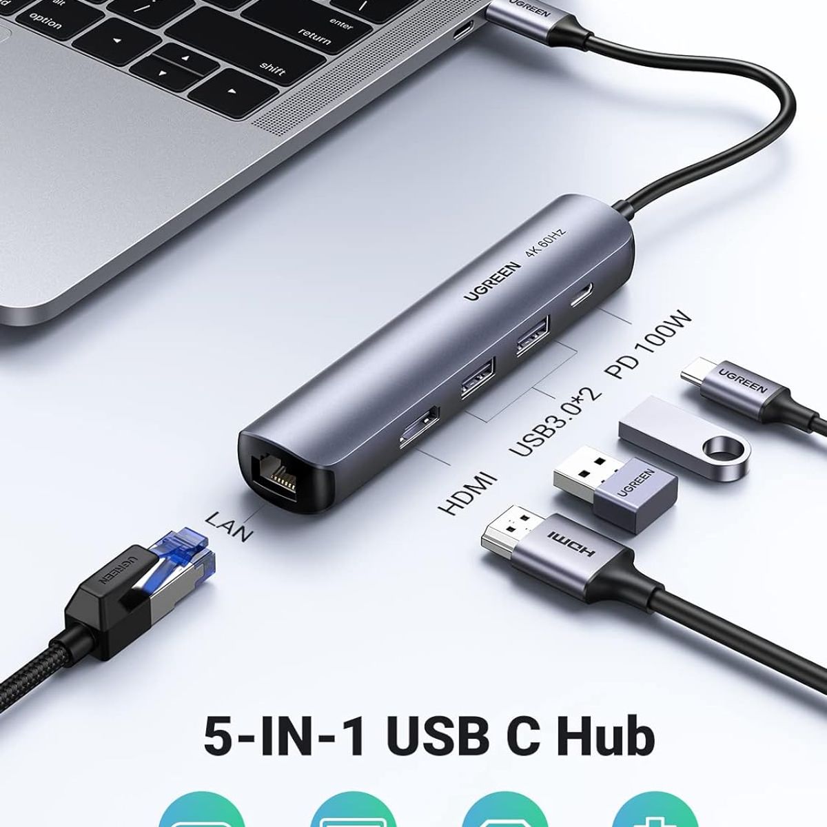 UGREEN - Ugreen Hub USB-C 5 en 1 (Modelo 10919 / CM418) – HDMI 4K, 2× USB-A 3.0, Ethernet Gigabit RJ45, PD