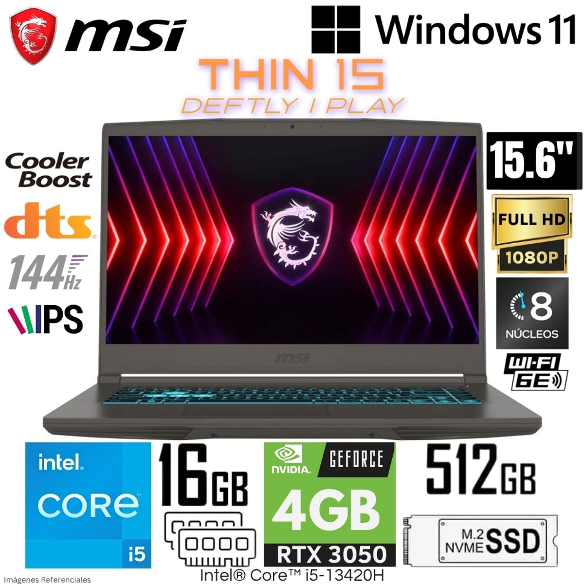 MSI - Laptop MSI Thin 15 B13UC Intel Core i5-13420H 16GB RAM 512GB SSD RTX 3050-4GB 15.6"  FHD 144Hz