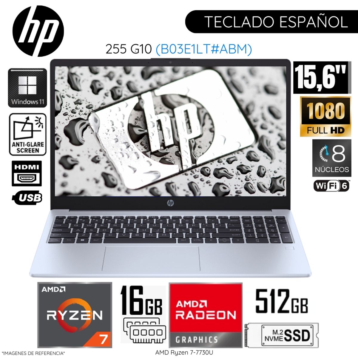 HP - Laptop HP 255 G10 AMD Ryzen7-7730U 16GB RAM 512GB SSD 15.6" Pulg. FHD WIN11 - B03E1LT