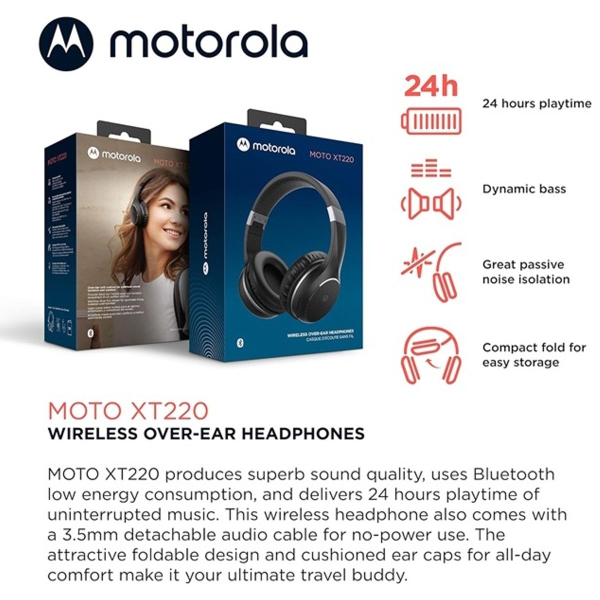 MOTOROLA - Motorola Sound Moto XT220 Auriculares inalámbricos Bluetooth con micrófono PNC POWER BASS BLACK
