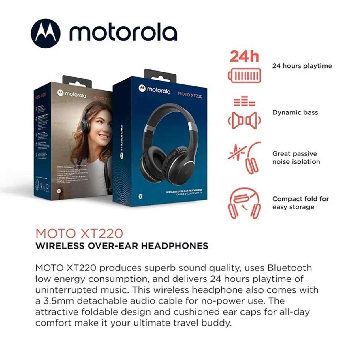 MOTOROLA - Motorola Sound Moto XT220 Auriculares inalámbricos Bluetooth con micrófono PNC POWER BASS BLACK