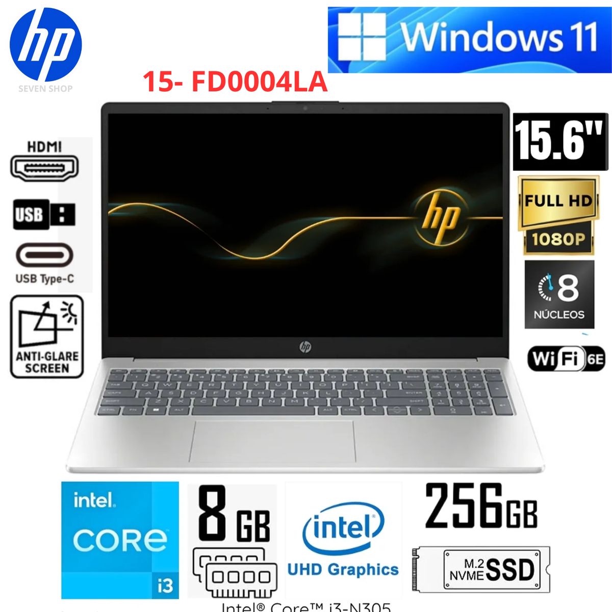 HP - Laptop HP 15-FD0004LA Intel Core i3-N305 8GB RAM 256GB SSD 156 FHD Silver