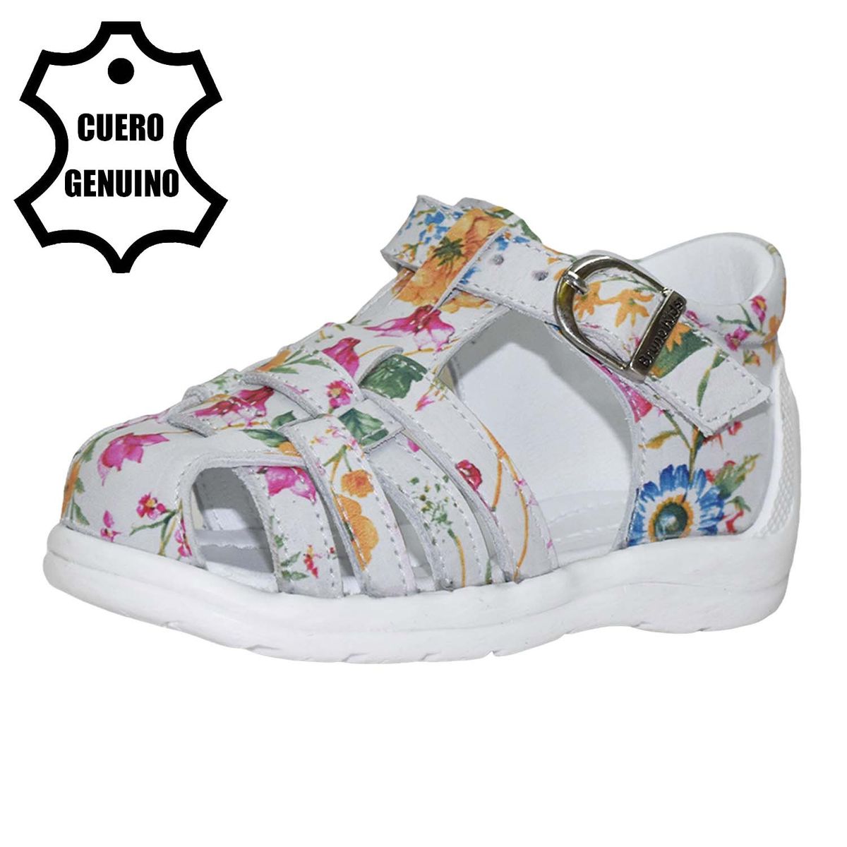 BRUNO KIDS - SANDALIA PIBE PARA NIÑA BRUNO KIDS DE CUERO FOLIA FLOR BLANCO PRIMEROS PASOS