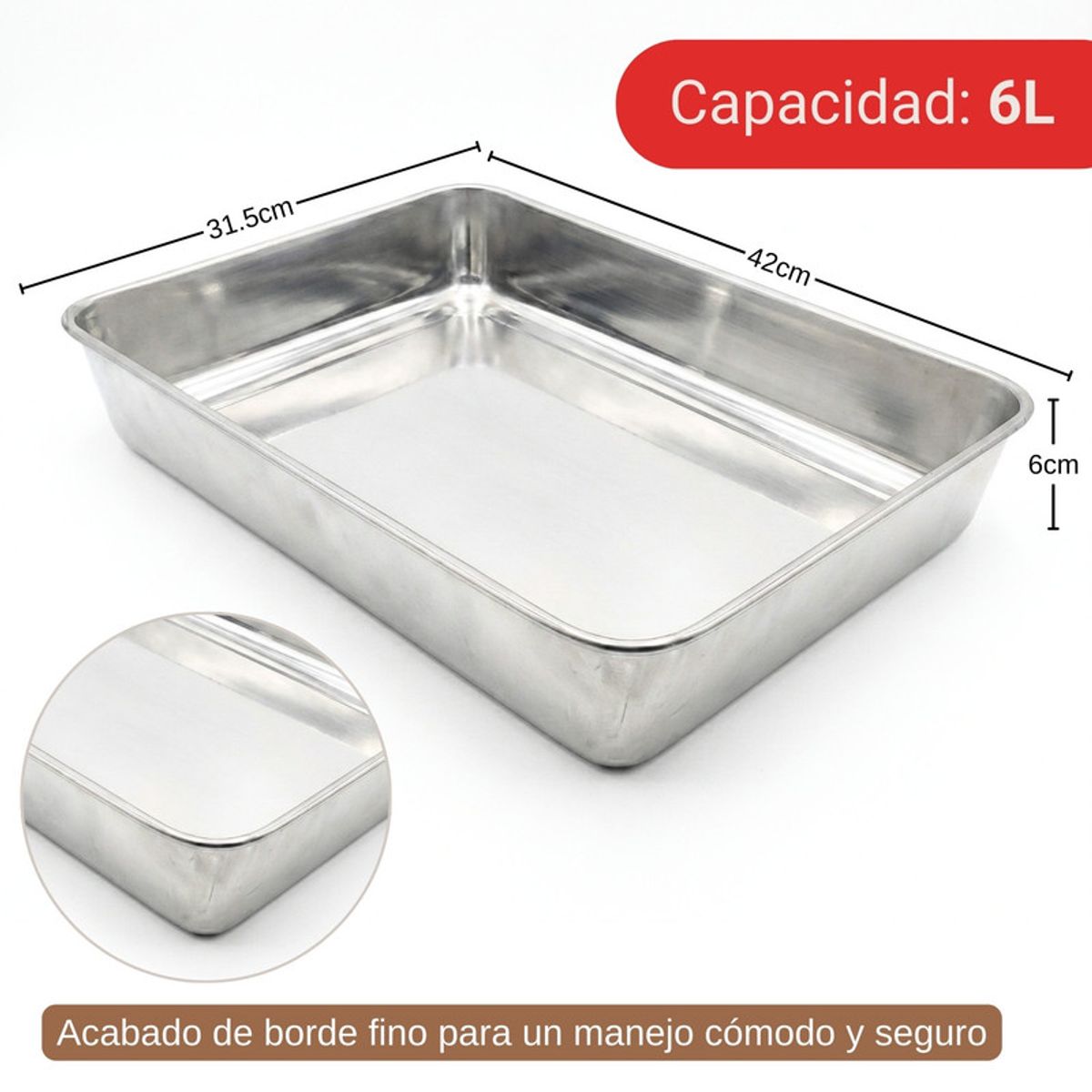 PENTHA - Bandeja rectangular de acero inoxidable 6 litros