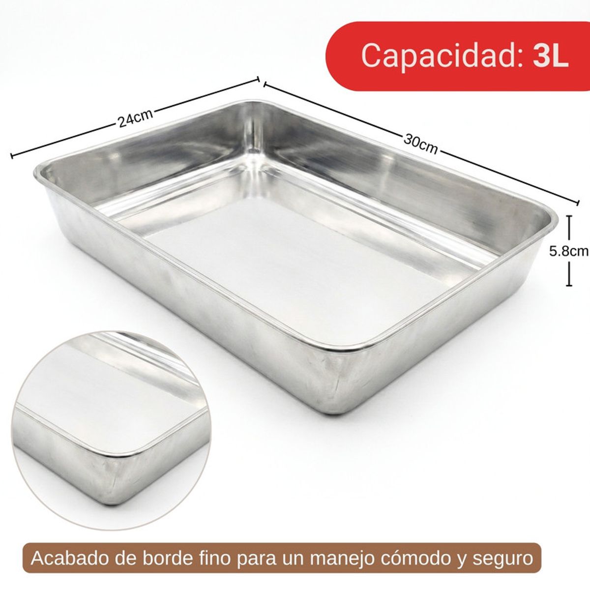PENTHA - Bandeja rectangular de acero inoxidable 3 litros
