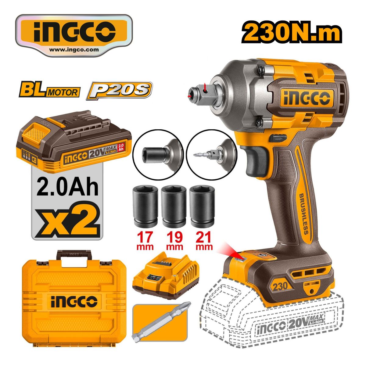 INGCO TOOLS - CIWLI20236 ATORNILLADOR Y LLAVE DE IMPACTO DE 230NM