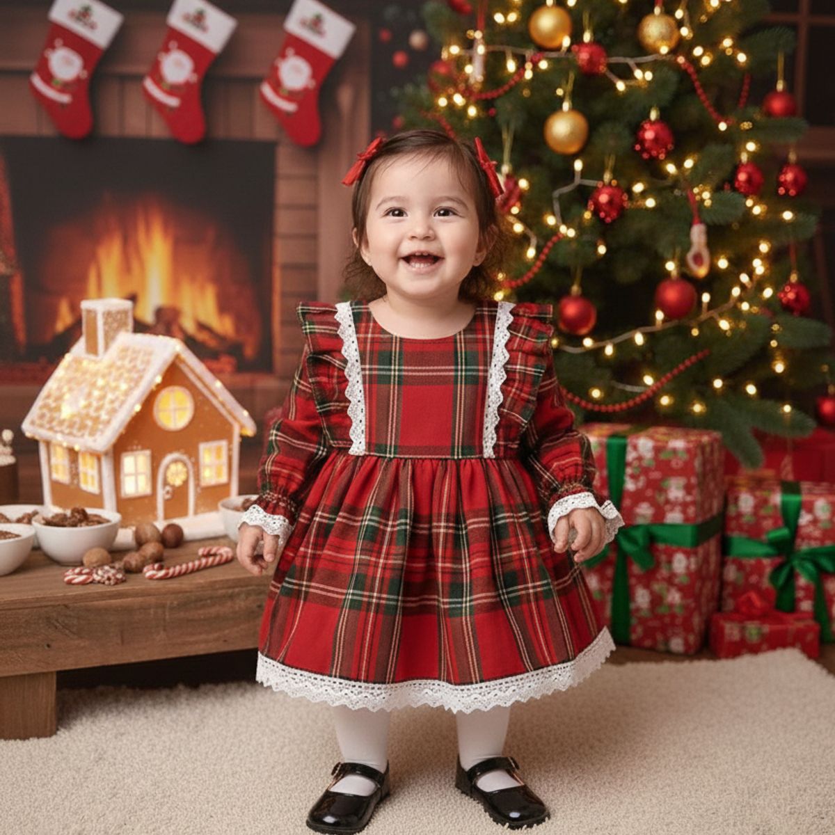 GENERICO - VESTIDO PARA BEBE NAVIDAD DE CUADROS ROJOS