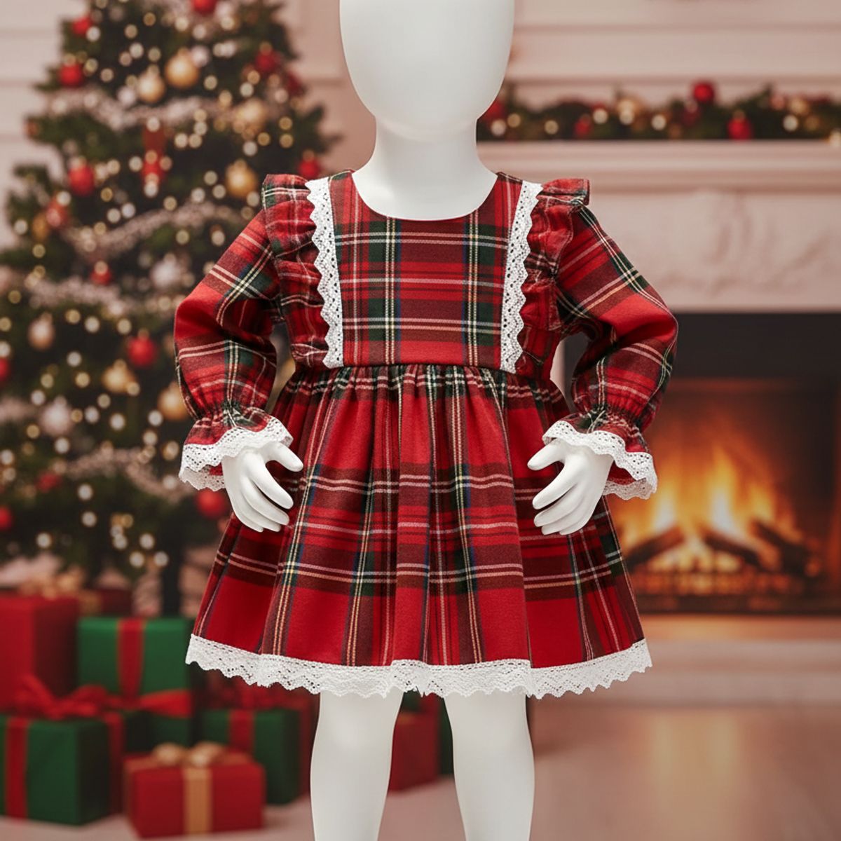 GENERICO - VESTIDO PARA NIÑA NAVIDAD DE CUADROS ROJOS