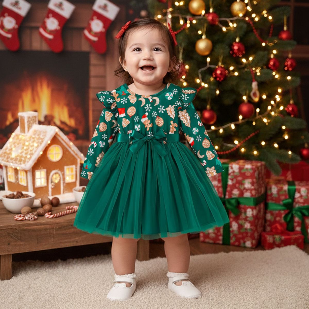 GENERICO - VESTIDO NAVIDAD PARA NIÑA - VESTIDO VERDE OSCURO