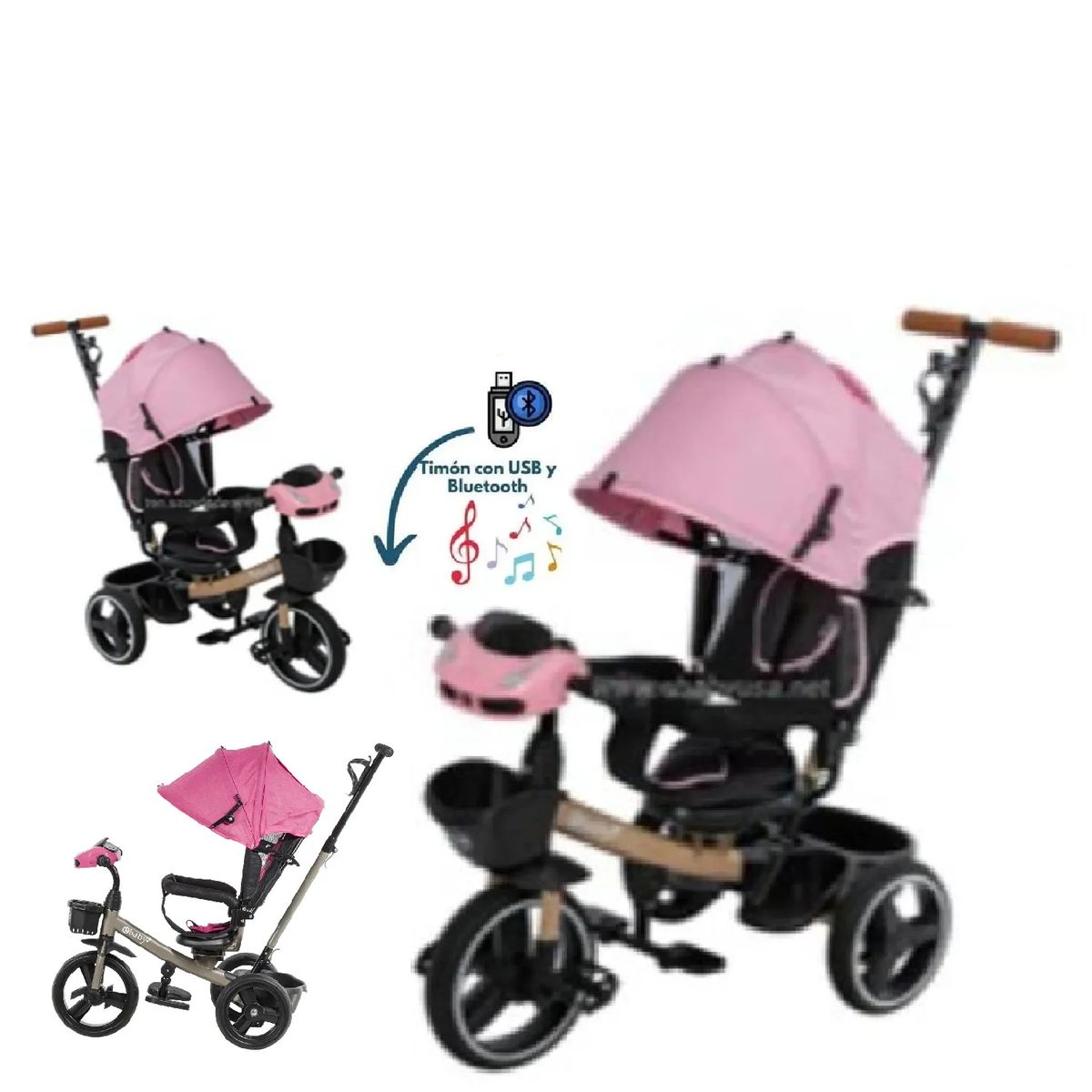 EBABY - Triciclo Guiador Ebaby  USB Bluetooth EB362A -Rosa