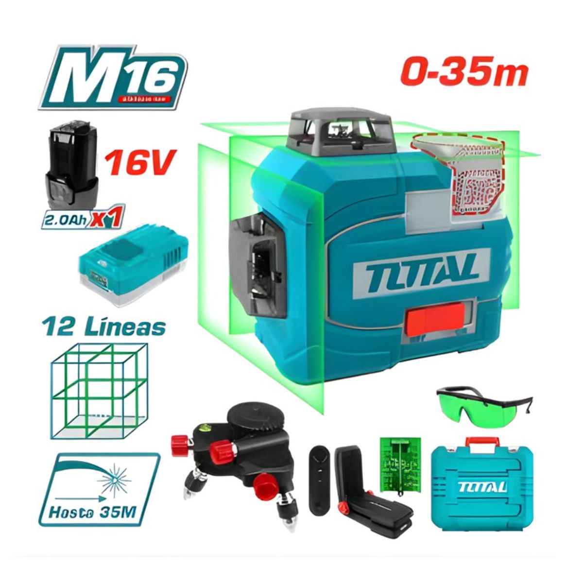 TOTAL TOOLS - Nivel Laser 3D 16v 12 Lineas 0-35M Verde 1X2.0AH y Accesorios - Total TLL301201