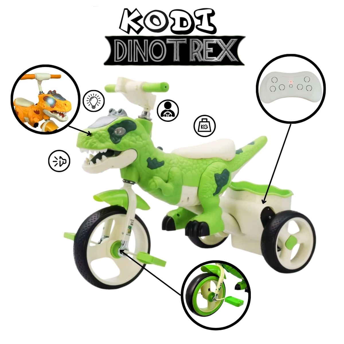 GENERICO - TRICICLO PARA NIÑOS CON BATERÍA DINOSAURIO VERDE