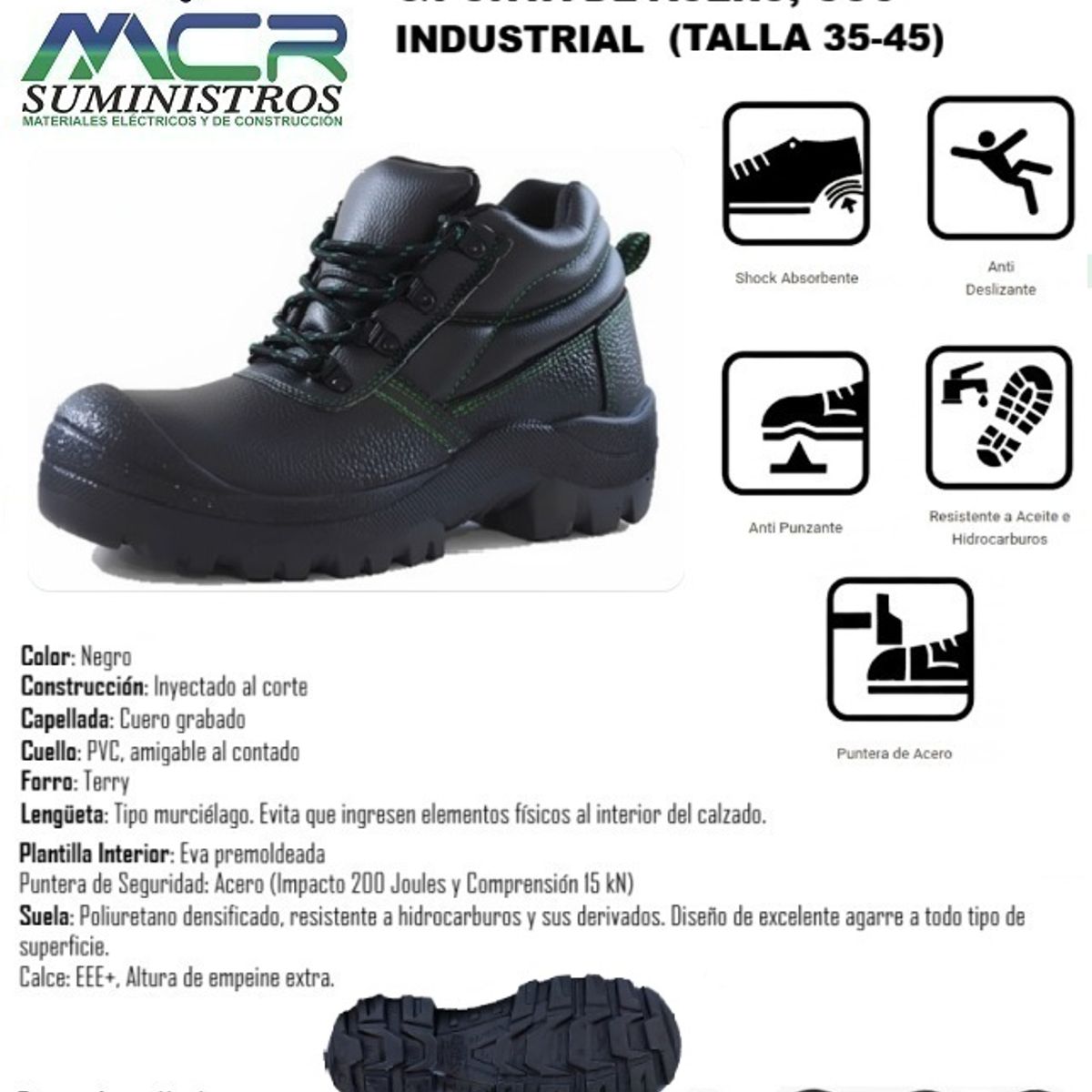 GENERICO - BOTIN DE CUERO DE SEGURIDAD CPUNTA DE ACERO USO INDUSTRIAL TALLA 35-45