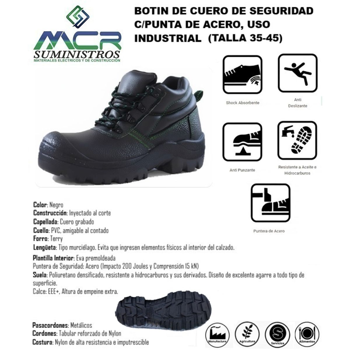 GENERICO - BOTIN DE CUERO DE SEGURIDAD CPUNTA DE ACERO USO INDUSTRIAL TALLA 35-45